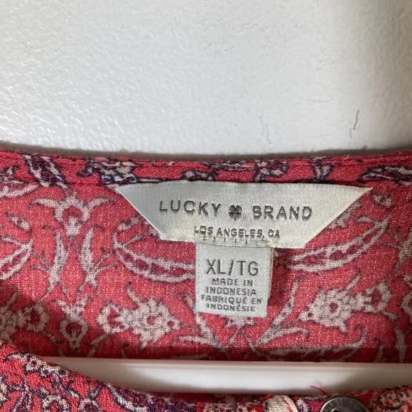 Womens Lucky Brand Short Sleeve Blouse Peep Hole Front XL Orange Cream XL Viscos - Picture 7 of 8